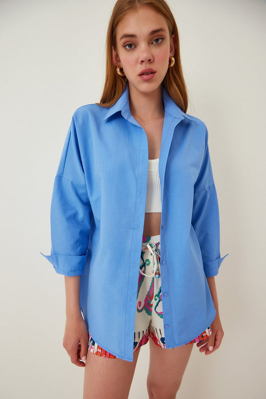 Happiness İstanbul Women's Medium Blue Oversize Long Basic Shirt Women