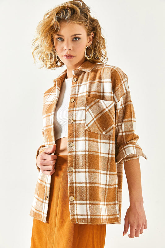 Olalook Women's Beige Single Pocket Thick Plaid Lumber Shirt Women