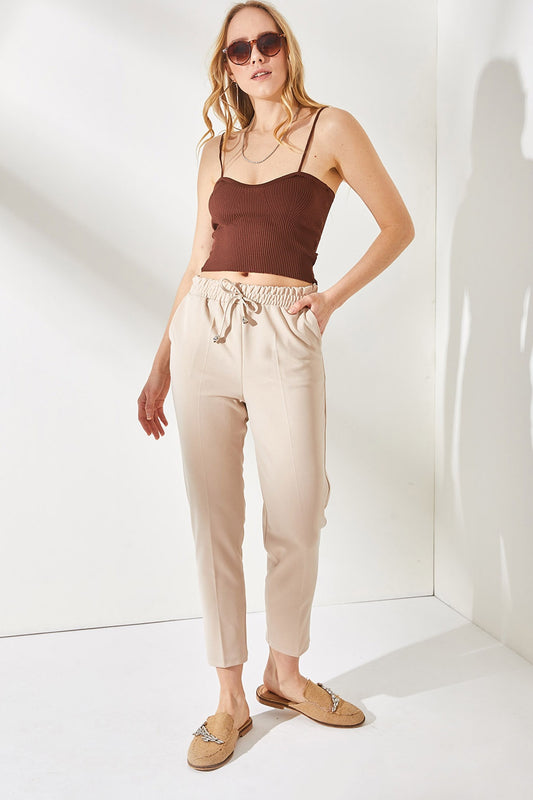 Olalook Women's Stone Elastic Waist Pocket Carrot Trousers Women