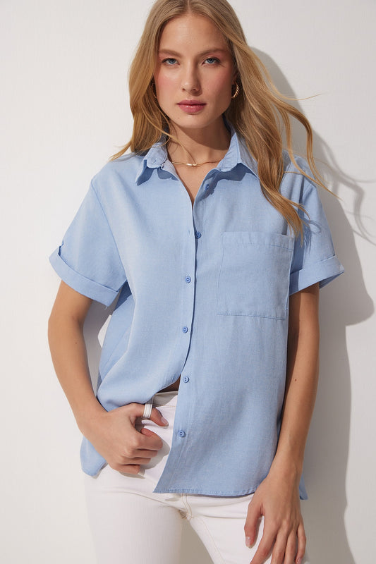 Happiness İstanbul Short Sleeve Oxford Shirt Blue Women