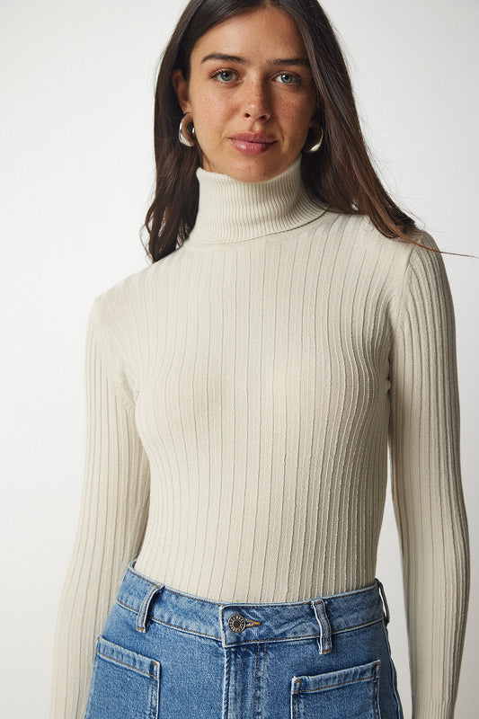 Happiness İstanbul Women's Beige Turtleneck Ribbed Basic Sweater Women