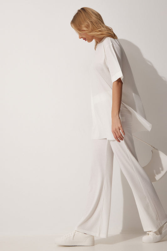 Happiness İstanbul Women's White Corded Stretch Knitted Top and Bottom Set Women