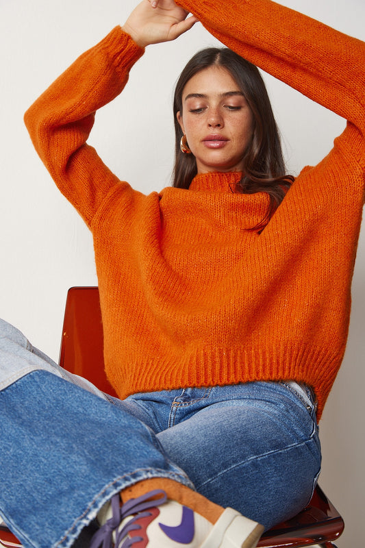 Happiness İstanbul Women's Orange Stand Collar Basic Knitwear Sweater Women