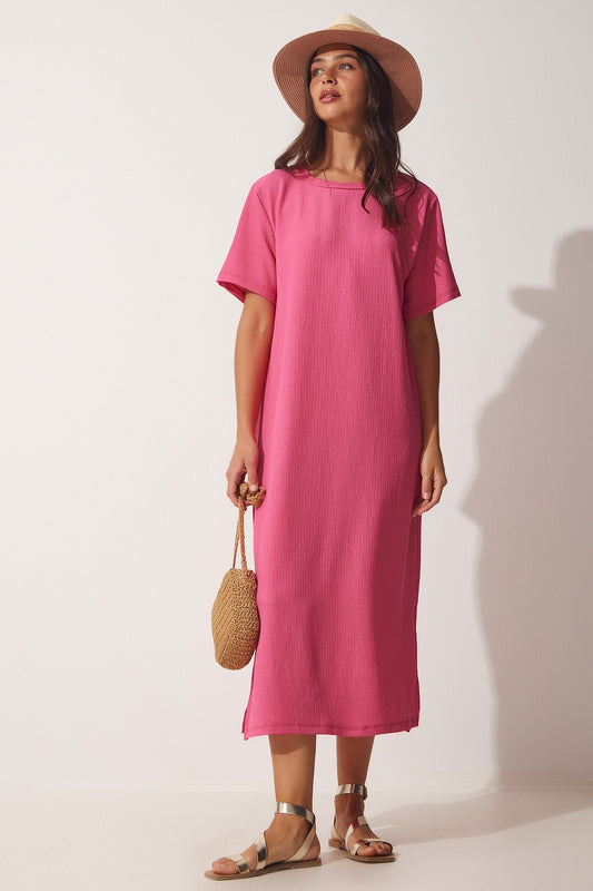 Happiness İstanbul Pink Loose Long Knitted Casual Dress Women