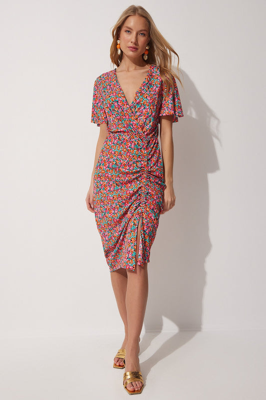 Happiness İstanbul Women's Pink Floral Wrap Collar Summer Dress Women
