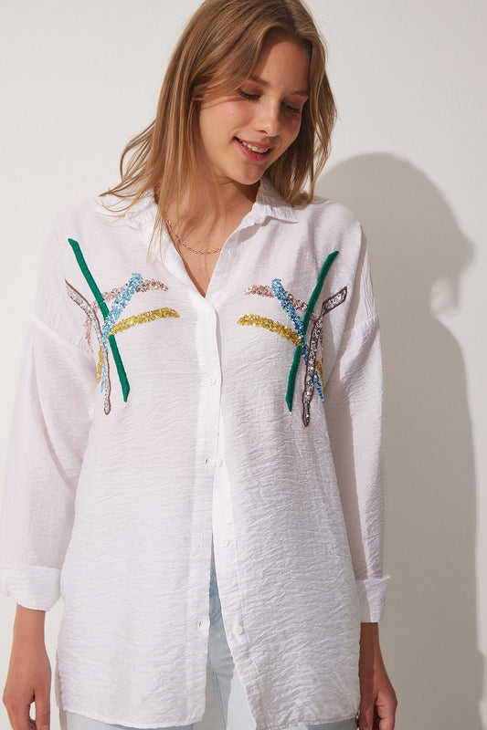 Happiness İstanbul Women's White Sequined Oversize Ayrobin Shirt Women