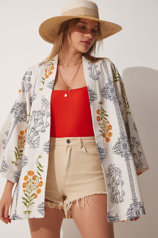 Happiness İstanbul Women's Ecru Patterned Linen Kimono Women