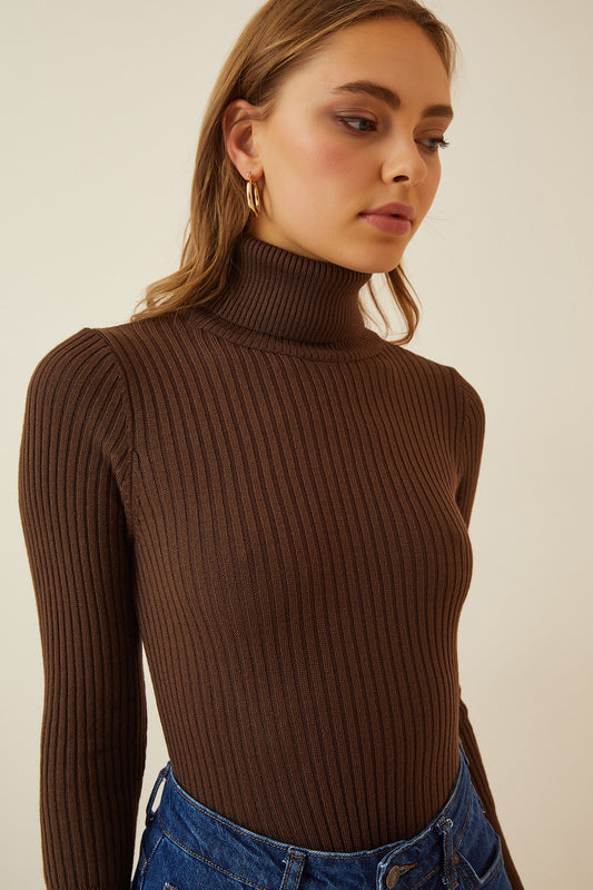 Happiness İstanbul Women's Brown High-Rise Ribbed Lycra Sweater Women