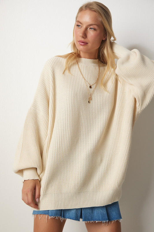 Happiness İstanbul Women's Cream Oversize Basic Knitwear Sweater Women