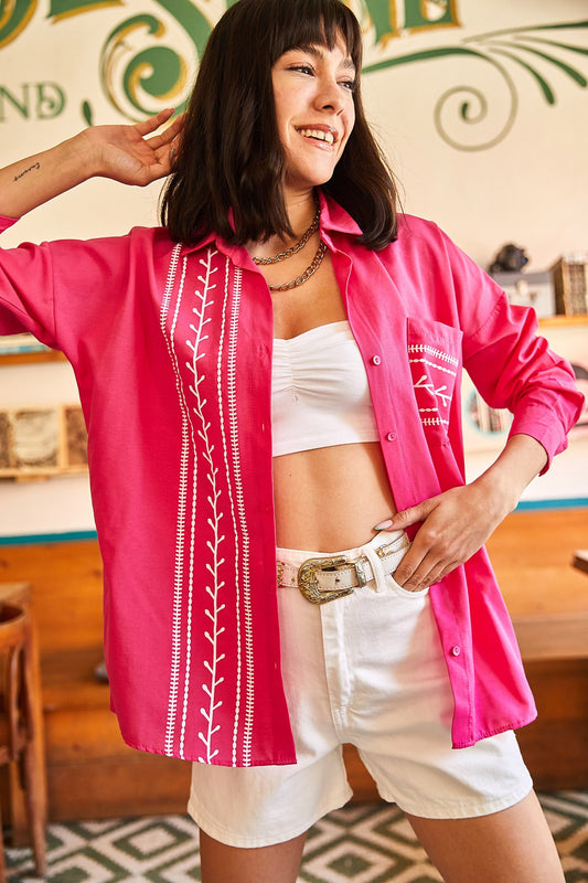 Olalook Women's Fuchsia Pocket Detailed Printed Woven Shirt Women