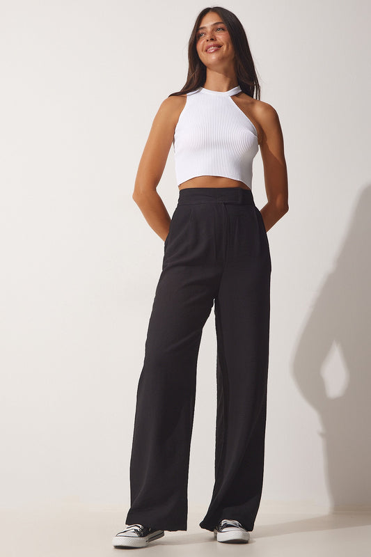 Happiness İstanbul Women's Black Velcro Closure Loose Linen Trousers Women