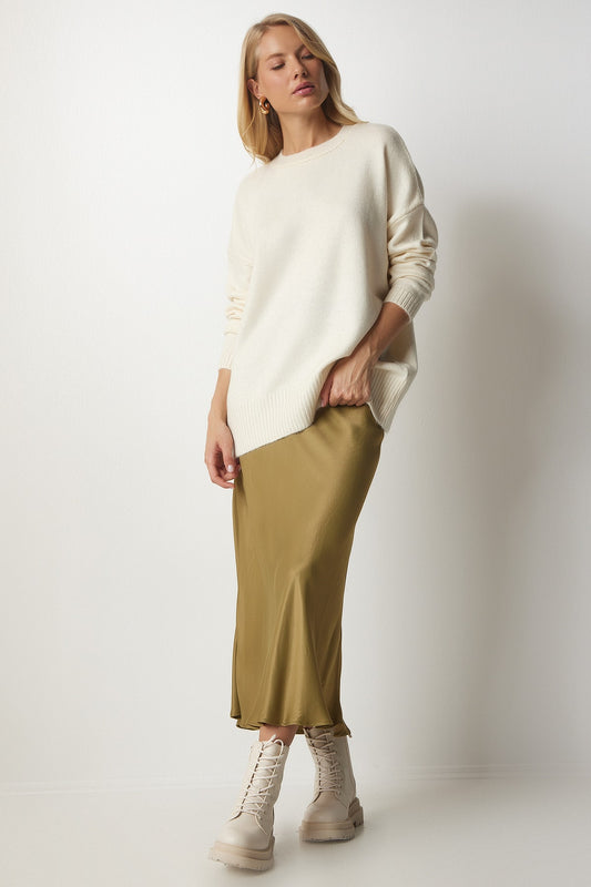 Happiness İstanbul Women's Cream Crew Neck Oversize Knitwear Sweatshirt Women