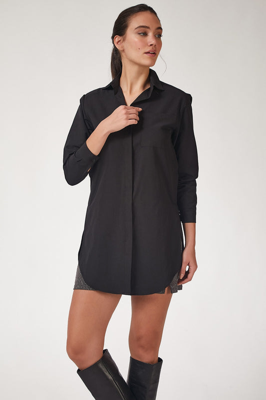 Happiness İstanbul Women's Black Long Boyfriend Poplin Shirt Women