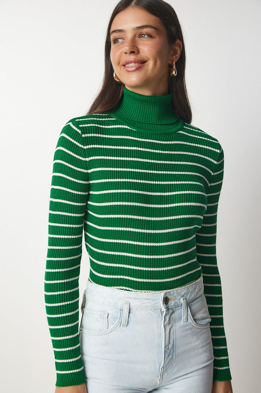 Happiness İstanbul Women's Green Striped Turtleneck Knitwear Sweater Women