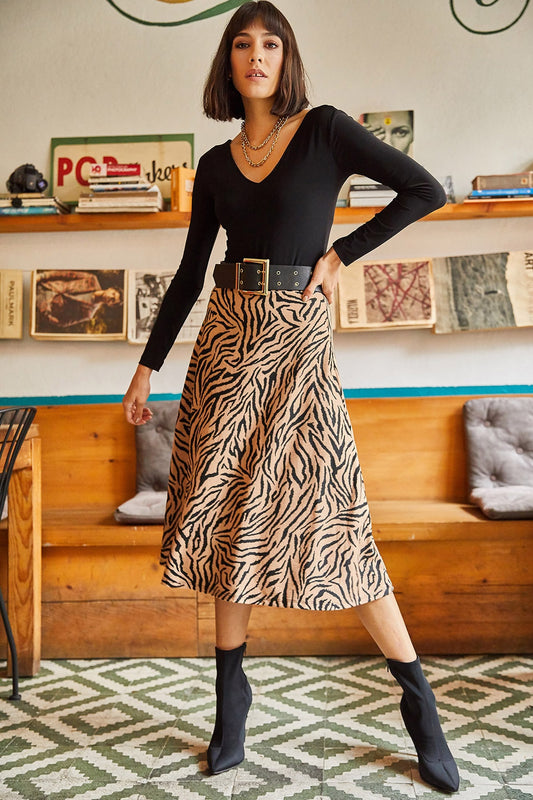 Olalook Women's Mink Zebra Elastic Waist Suede Textured Bell Skirt Women