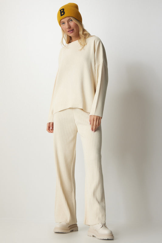 Happiness İstanbul Women's Cream Knitwear Sweatshirt Pants Set Women