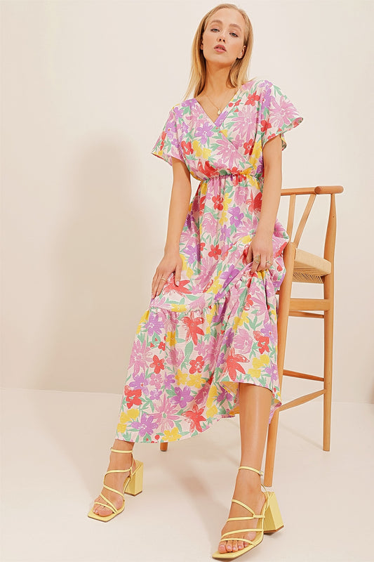 Trend Alaçatı Stili Women's Lilac Floral Patterned Double Breasted Maxi Dress ALC Women