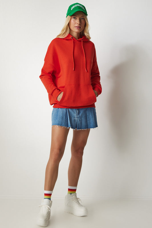 Happiness İstanbul Women's Orange Hooded Basic Sweatshirt Women