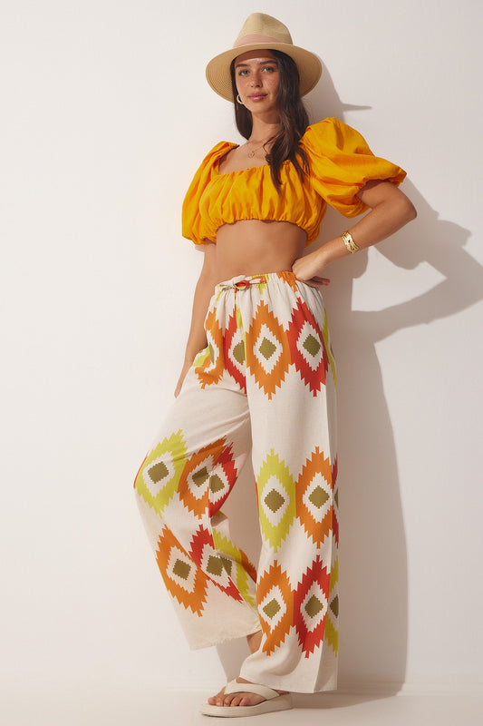 Happiness İstanbul Women's Yellow Cream Floral Linen Palazzo Trousers Women