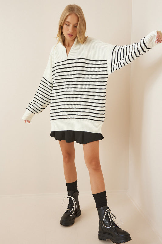 Happiness İstanbul Women's Ecru Black Zippered Stand Collar Striped Oversize Sweater Off-black Women