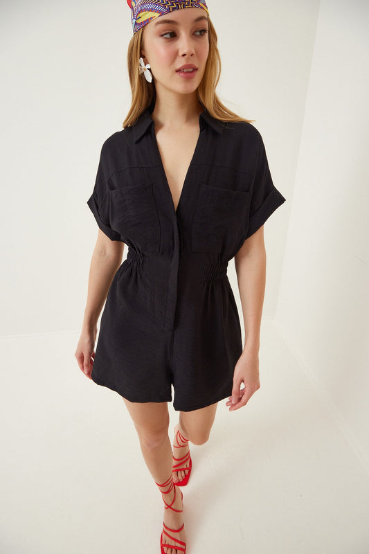 Happiness İstanbul Women's Black Linen Viscose Jumpsuit with Shorts Women
