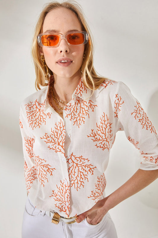 Olalook Women's Shrub Orange Sleeve Folded Linen Shirt Bush Orange Women