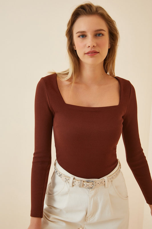 Happiness İstanbul Women's Dark Brown Square Collar Ribbed Knitted Blouse Women
