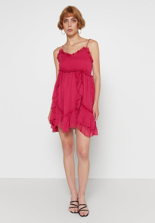 Straps Detail Frills Mini Dress-Red Purple Women