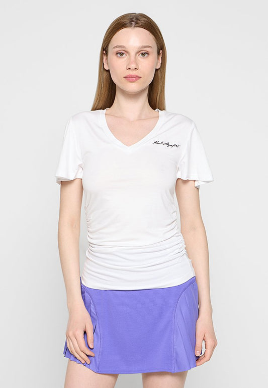 KARL LAGERFELD V NECK RUCHED DETAIL T SHIRT White (ZZO30GA67-A00) Women