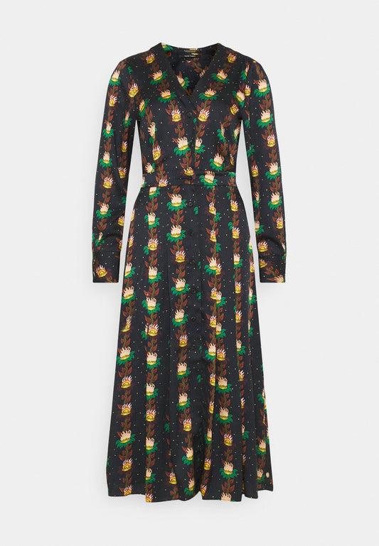 Printed v-neck midi length dress with pleats Women