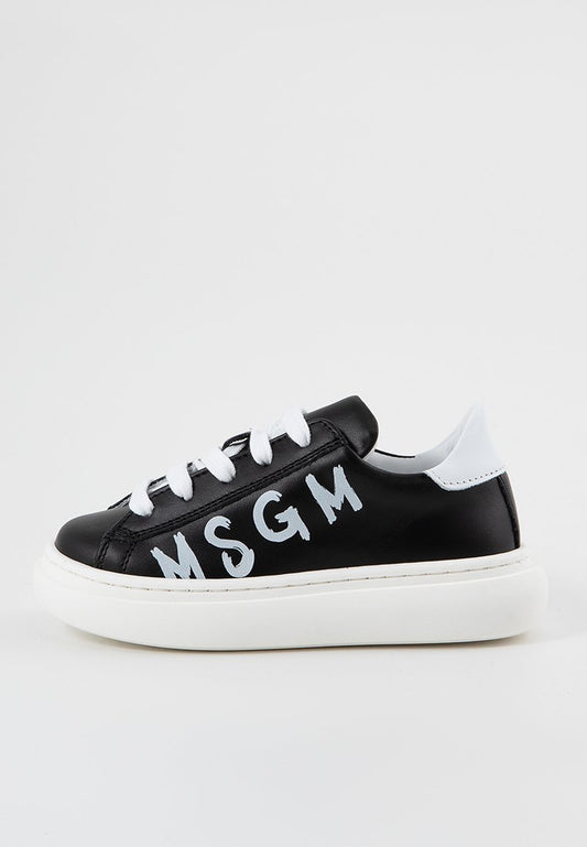 Msgm BRUSHSTROKES LOGO PRINT LEATHER LACE-UP LOW SNEAKERS mottled anthracite (ZZO2JFW08-Q00) Kids