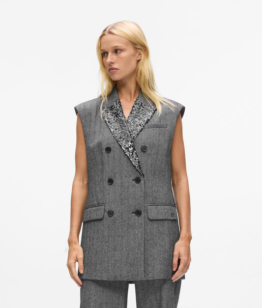 Karl Lagerfeld Embellished Lapel Tweed Gilet Grey/Black (A4W14043262) Women