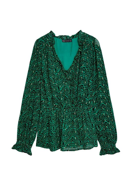 Marks & Spencer Printed V Neck Ruffle Puff Sleeve Blouse Mottled Green (QM421E0GB-M11) Women