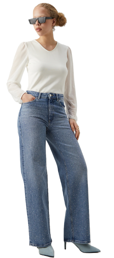 ONLY Trousers JEANS ONLJUICY HW RHINESTONE WIDE REA365 DNM 15341683 MEDIUM BLUE DEN/RHINESTONE (10222) Women